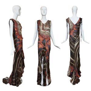 ROBERTO CAVALLI 2004 Vintage Silk Ruffle Charm Long Gown w. Slit